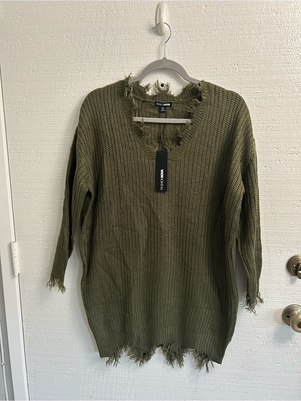 Fashion Nova Olive Distressed V-Neck Knit Dress